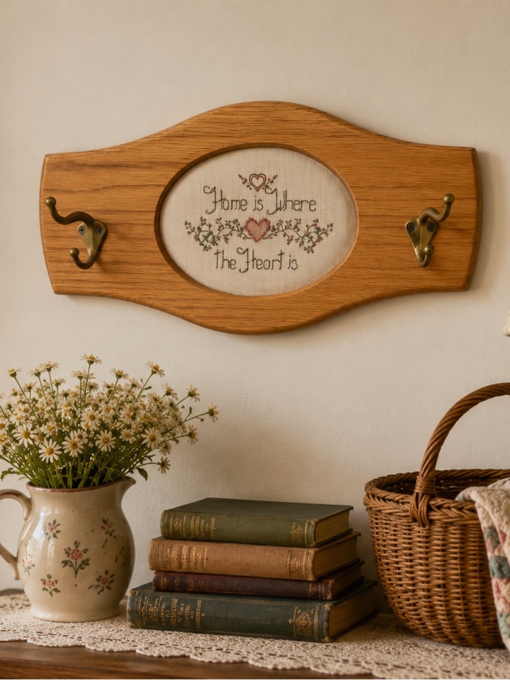90s Handmade Hook Rack with embroidery grandma decor shabby chic bathroom decor